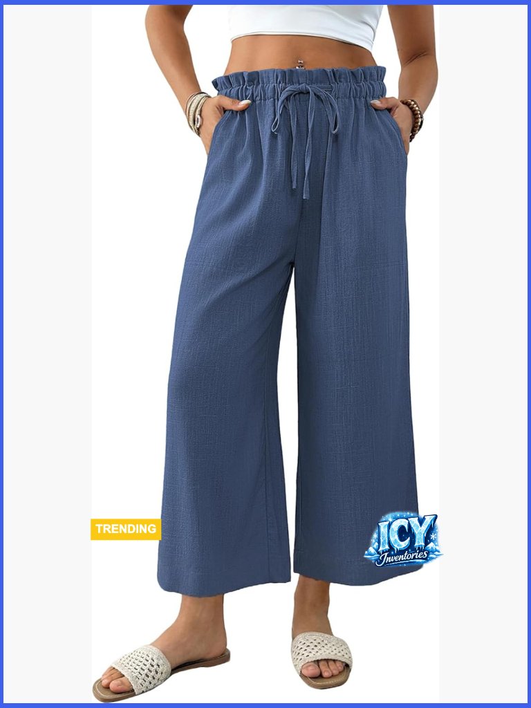 Linen Blend Wide Leg Cropped Palazzo Pants With Pockets Drawstring High Waisted